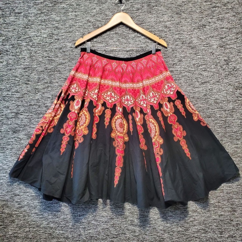 Angie Boho Border Print Midi Skirt Womens Large Pink Black Paisley Whimsigoth